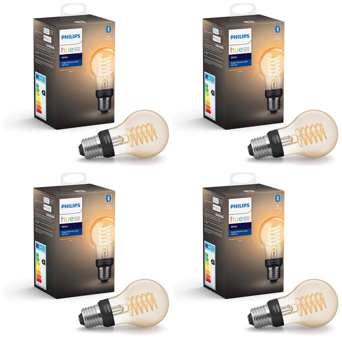 PHILIPS HUE - Pack 4 Philips Hue  A60 Filamento Vintage  Luz Ambar Zigbee BT E27 7W