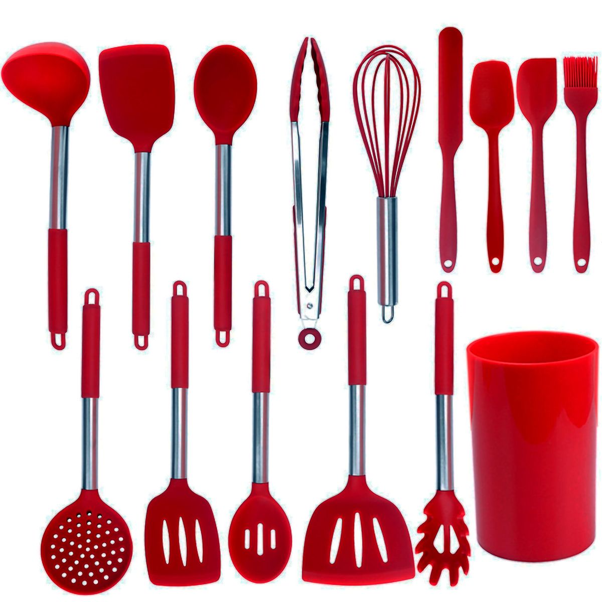 GENERICO - Set 14 Utensilios De Silicona Antiadherentes Cocina Espatula Rojo