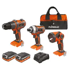FLOWMAK - Kit Taladro 13mm Atornillador y Linterna 18v