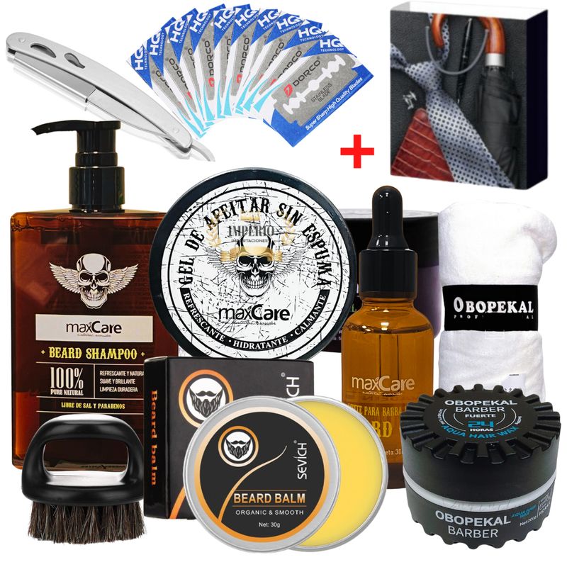 OBOPEKAL - Set Barba Kit Barberia Aceite Cera Shampoo Navaja Cepillo