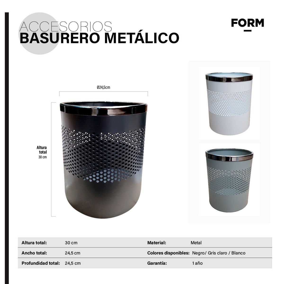 FORM OFFICE - Basurero Metálico Gris Claro Form