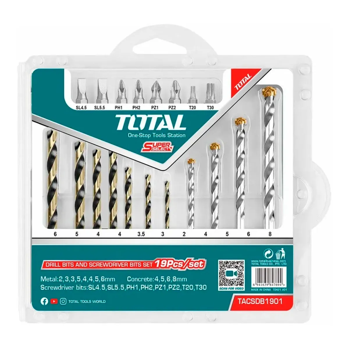 TOTAL TOOLS - Juego Brocas Y Puntas P/ Atornillador Taladro 19 Pcs