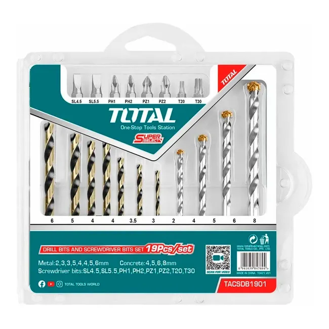 TOTAL TOOLS - Juego Brocas Y Puntas P/ Atornillador Taladro 19 Pcs