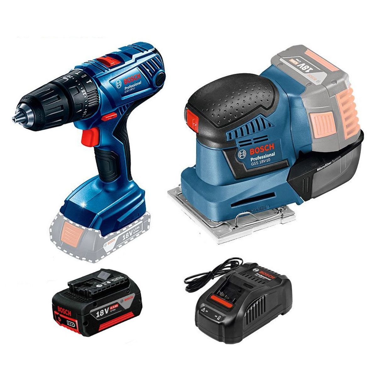 BOSCH - Taladro GSB 180-LI+Lijadora GSS 18V-10+Bat GBA 18V+Cargador