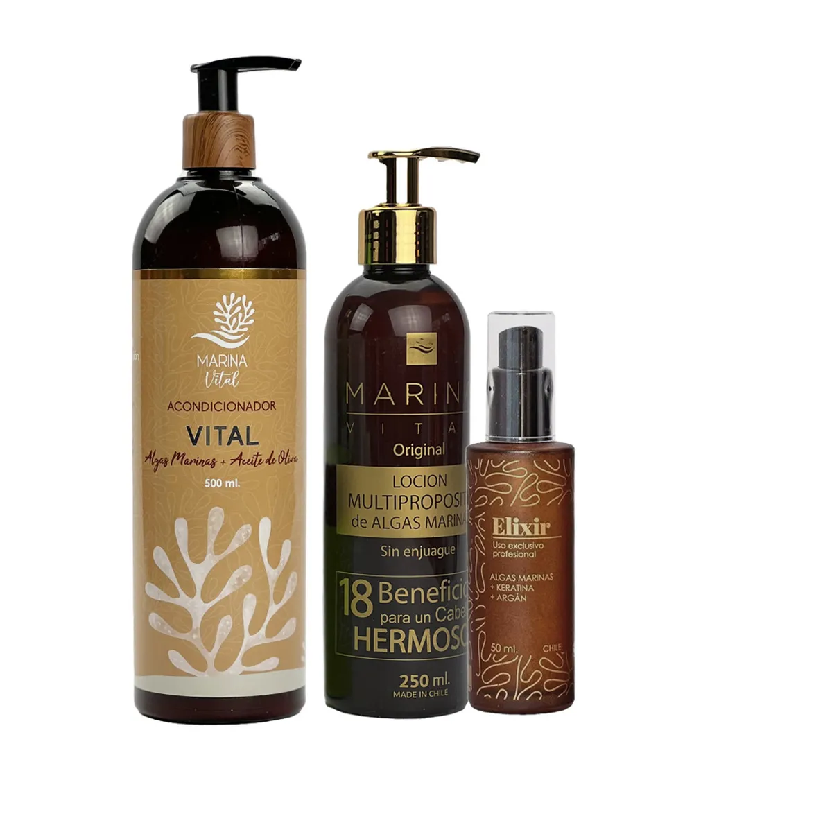 MARINA VITAL - Set de Cuidado del Cabello Locion multiproposito 250ml ,serumelixir 60 ml y acondicionador 500ml MARINA VITAL.-