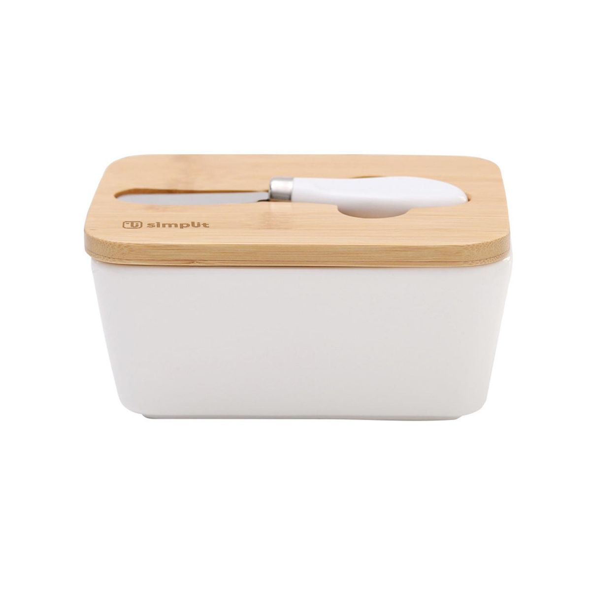 SIMPLIT - Mantequillero Cerámica Tapa Bamboo + Cuchillo 600 ml Simplit - Blanco