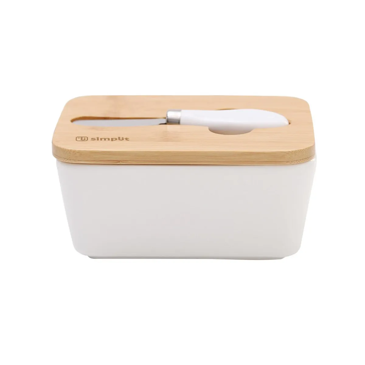 SIMPLIT - Mantequillero Cerámica Tapa Bamboo + Cuchillo 600 ml Simplit - Blanco