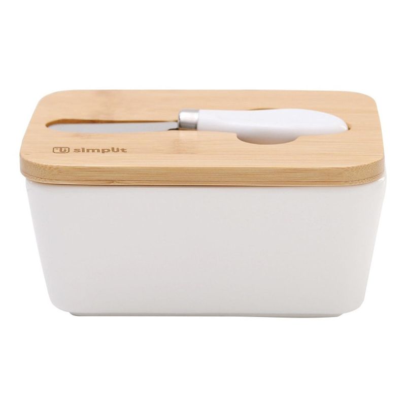 SIMPLIT - Mantequillero Cerámica Tapa Bamboo + Cuchillo 600 ml Simplit - Blanco.