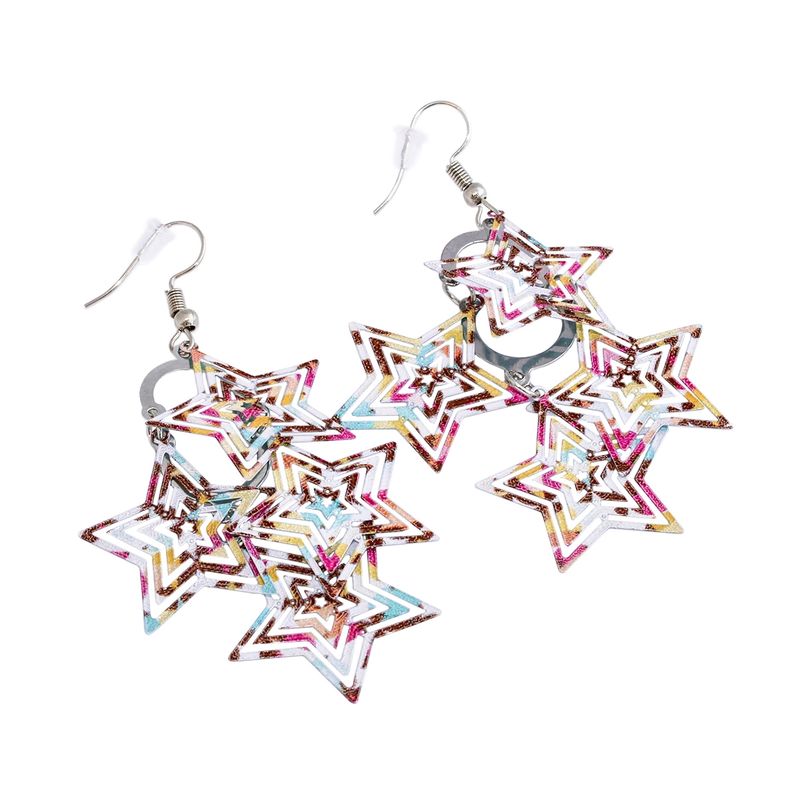 DDETALLES - Aros Mujer Largos Fiesta Estrellas Colgantes Multicolor Rosa.-