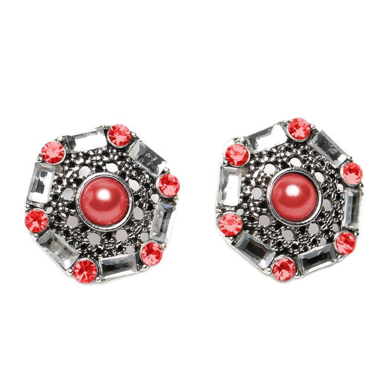 DDETALLES - Aros Mujer Set Pendientes Color Plata Geométrico Perlas Rojo