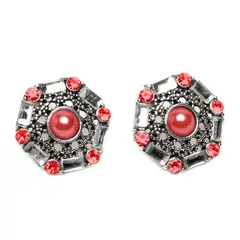 DDETALLES - Aros Mujer Set Pendientes Color Plata Geométrico Perlas Rojo