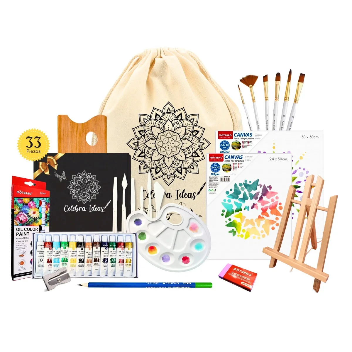 CELEBRA IDEAS - Set de Arte pinturas óleos con Atril y lienzos Kit artistico