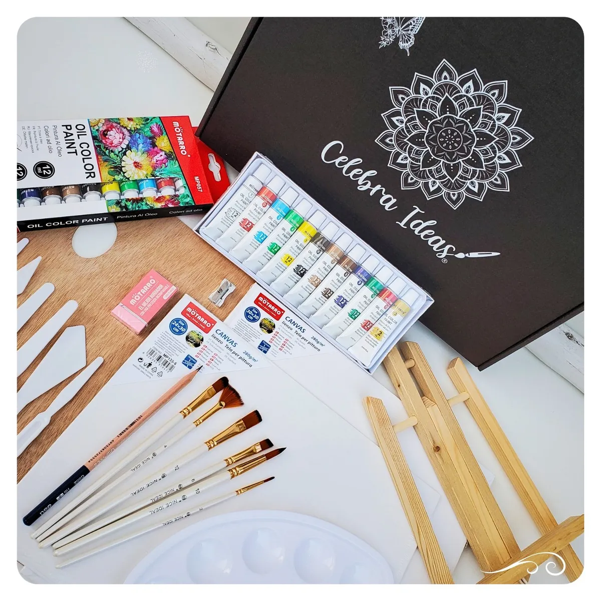 CELEBRA IDEAS - Set de Arte pinturas óleos con Atril y lienzos Kit artistico
