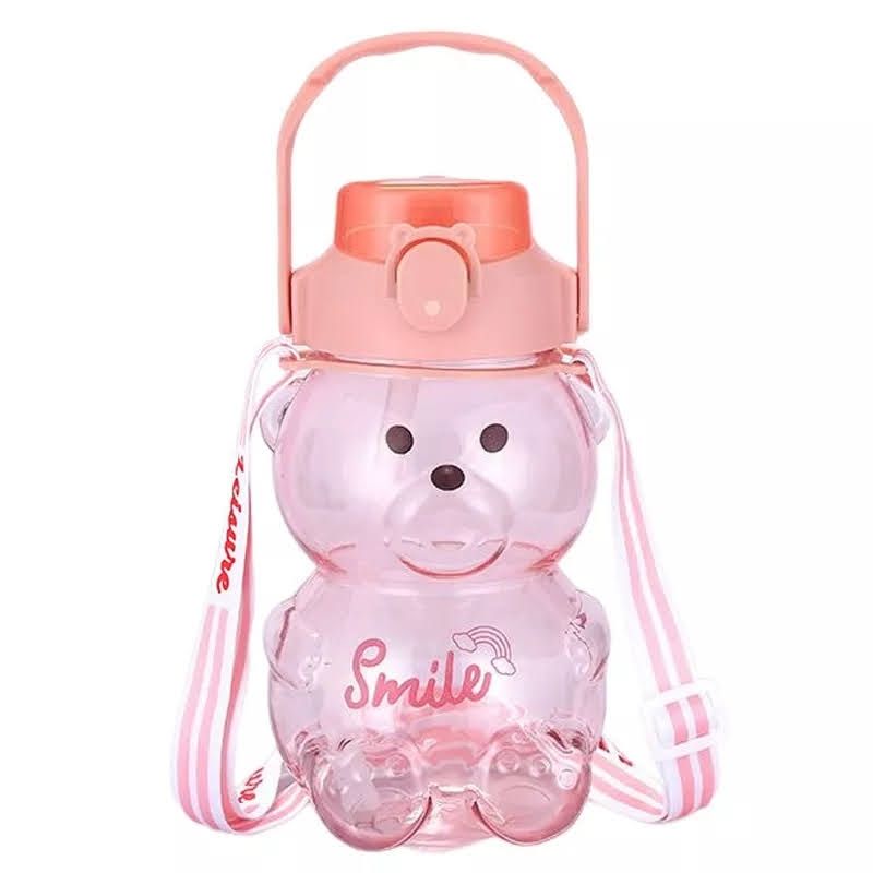 GENERICO - Botella Antiderrame  Agua 1 Litro Oso Kawaii Rosa con Stickers 3D