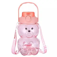 GENERICO - Botella Antiderrame Agua 1 Litro Oso Kawaii Rosa con Stickers 3D