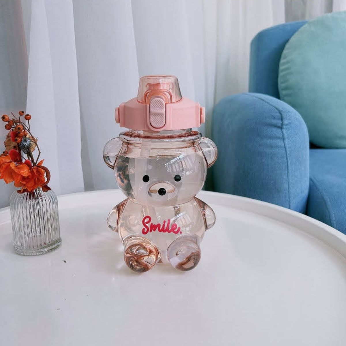 GENERICO - Botella Antiderrame  Agua 1 Litro Oso Kawaii Rosa con Stickers 3D