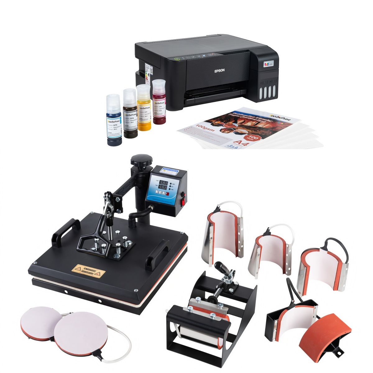 GENERICO - Kit Sublimadora 8 En 1 + Impresora 1250 + Hojas + Tintas