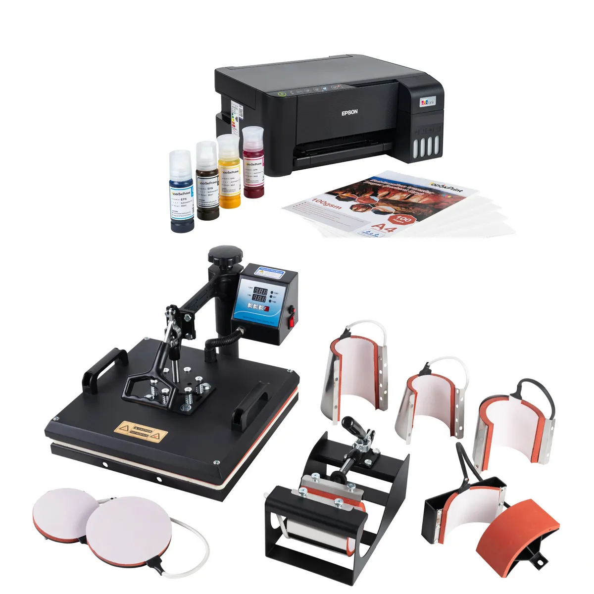 GENERICO - Kit Sublimadora 8 En 1 + Impresora 1250 + Hojas + Tintas