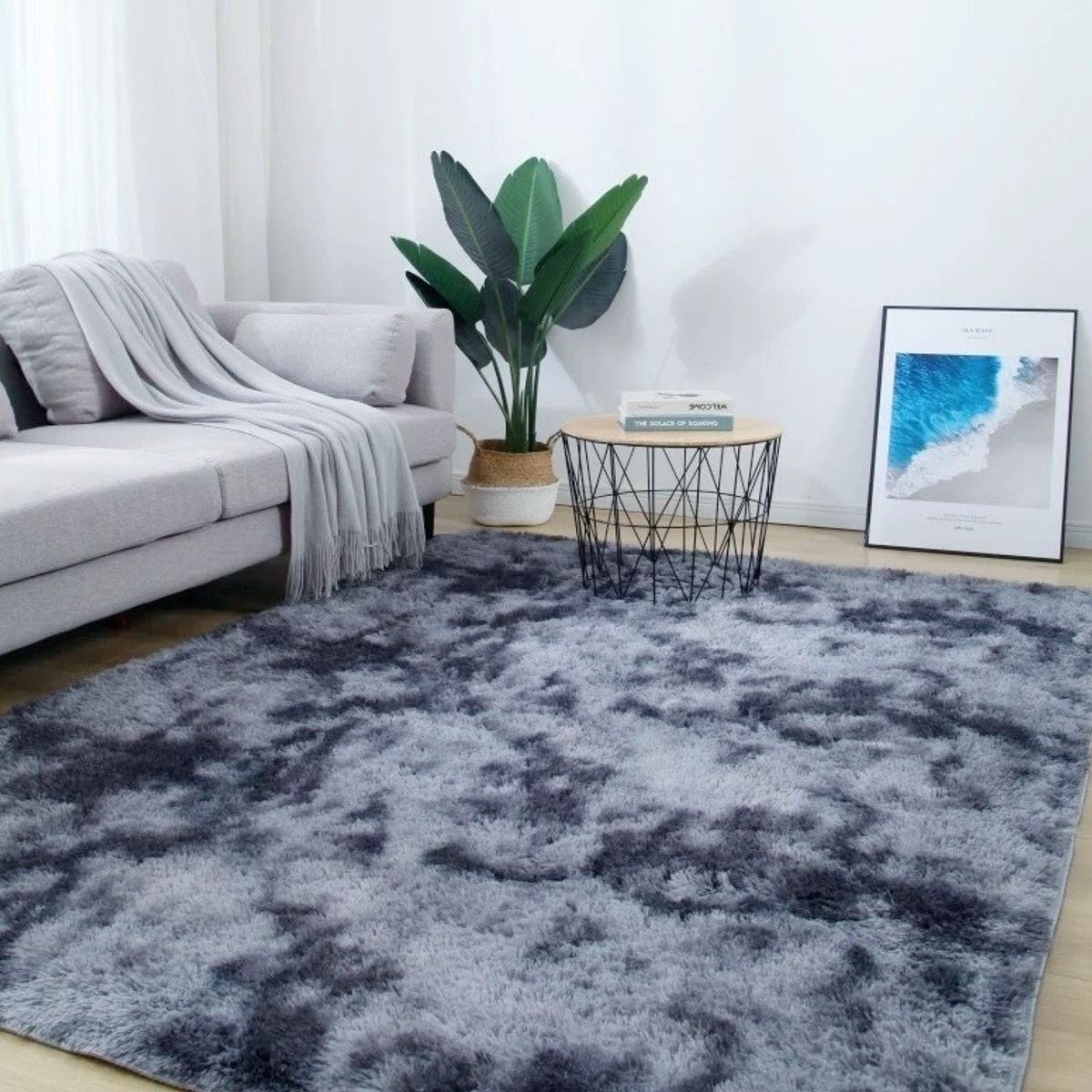 BJ HOGAR - Alfombra Peluda 200cm x 240cm Gris Oscuro Jaspeado