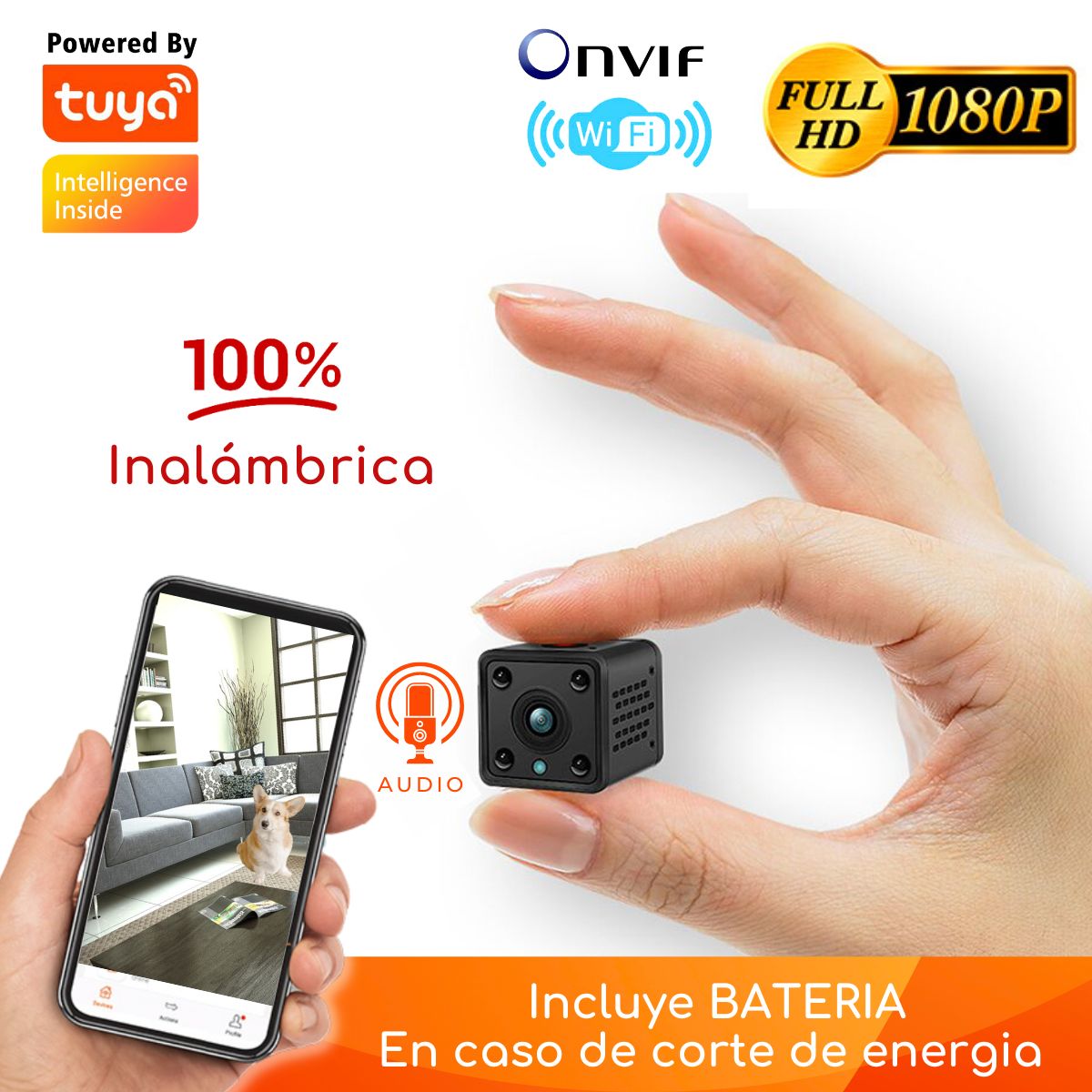 D MOTICA - Mini Cámara Wifi Inteligente 2MP Full HD Audio-Alarma con Batería