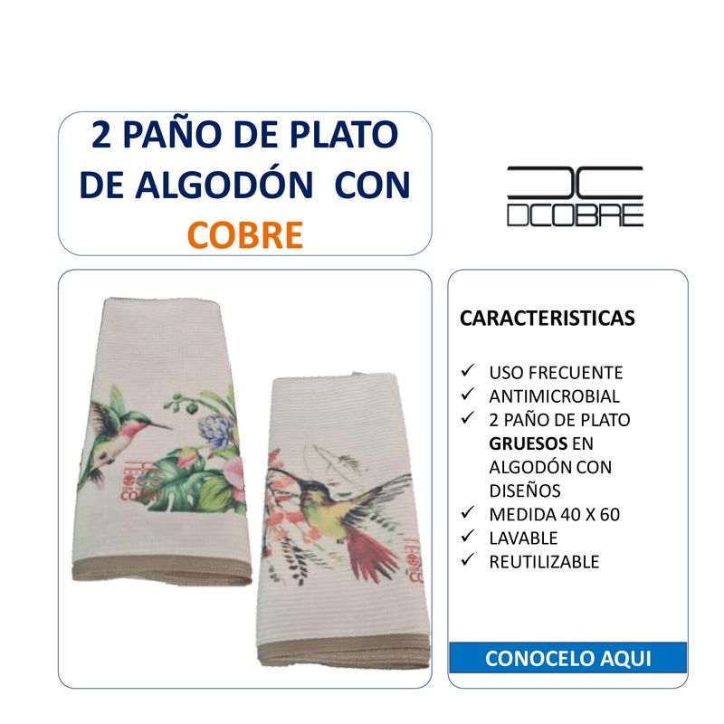 GENERICO - PAÑO DE LOZA PACK 2 UNIDADES EN COBRE DISEÑO COLIBRI