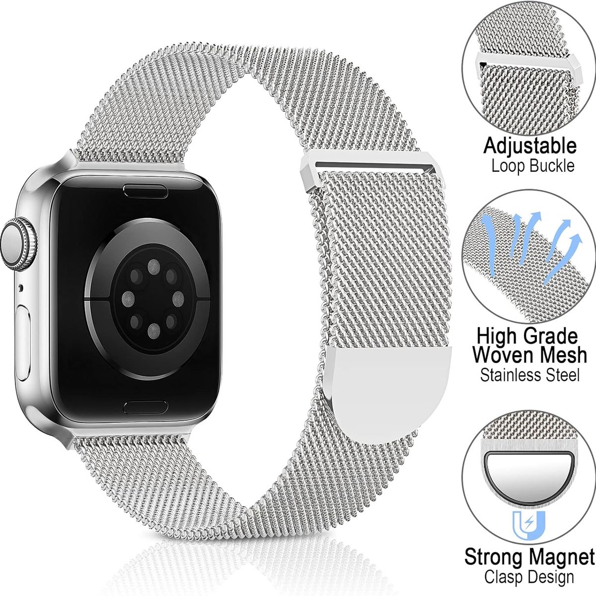 BANANA TIENDA - Correa Metálica Magnética Compatible con Apple Watch 42 44 45 46mm Plata