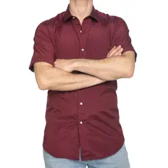 VANDINE - Camisa Fantasía Lisa Burdeo Manga Corta Etiqueta Roja