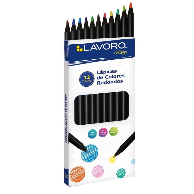 LAVORO - Lápices de 12 colores madera negra, redondos