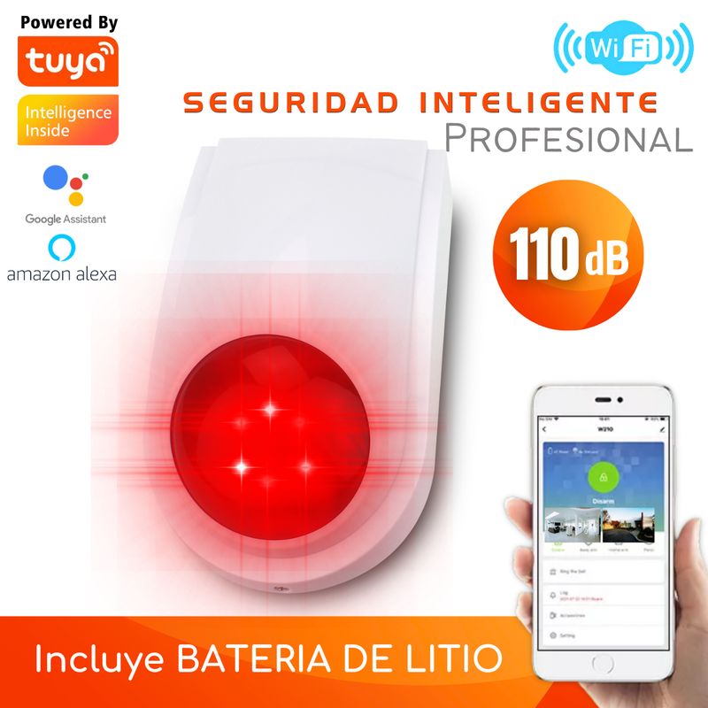 D MOTICA - Sirena Exterior Alarma Wifi Inteligente 110 Db-15W Con batería