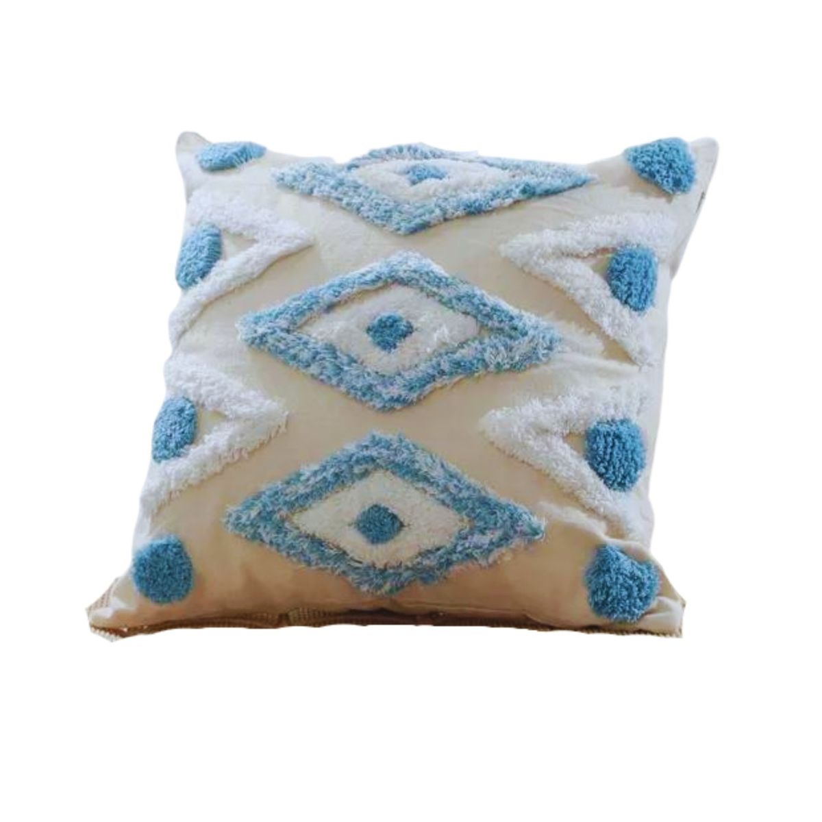 BOHEMIK - Cojín Bordado Fondo Beige con Figuras blanca y azul