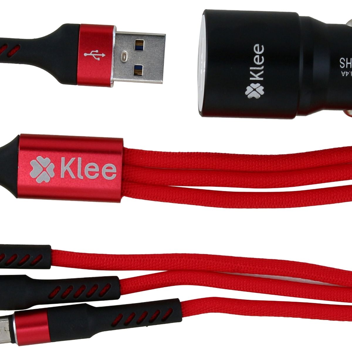 KLEE - Cargador Auto Dual USB  Cable USB Triple Salida