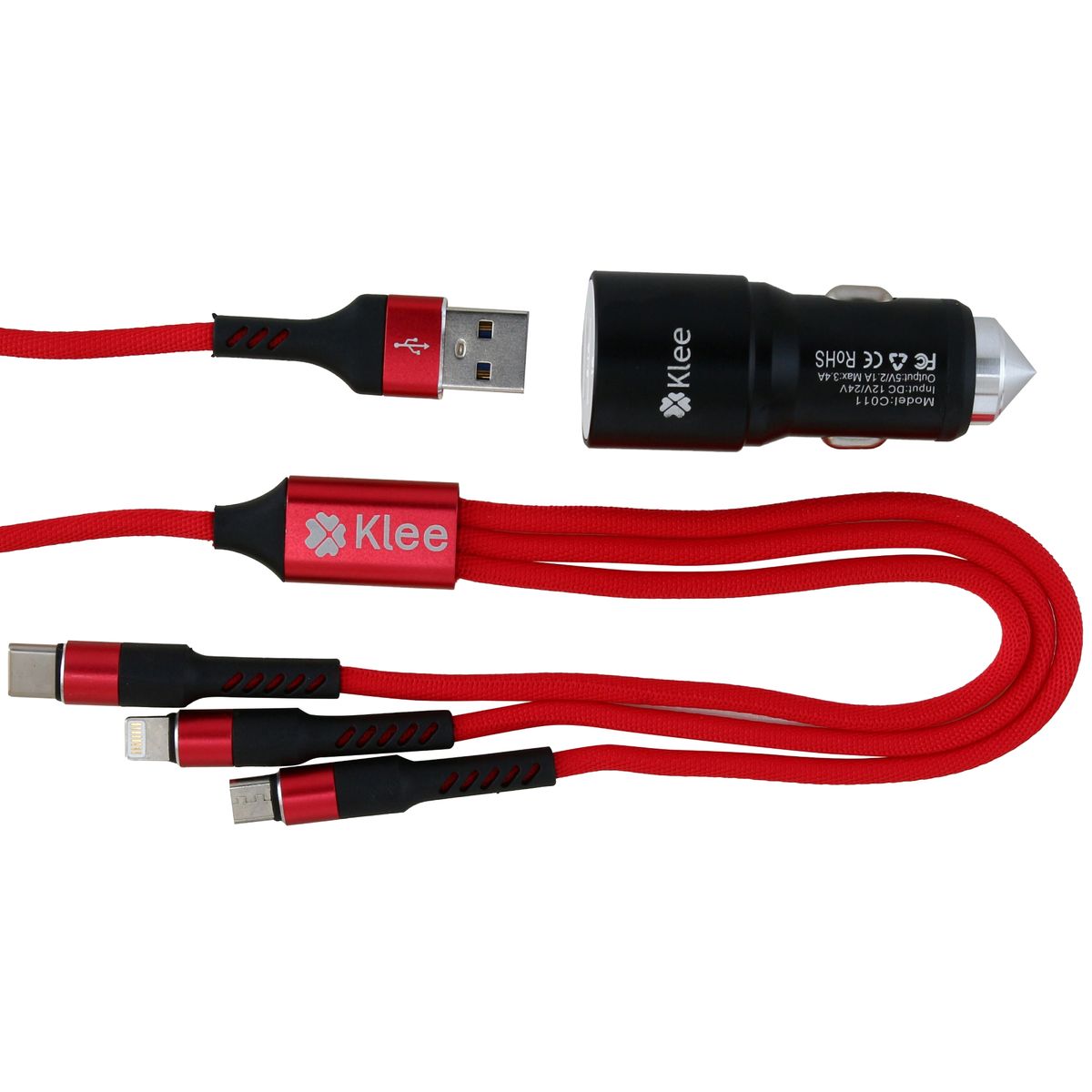 KLEE - Cargador Auto Dual USB  Cable USB Triple Salida