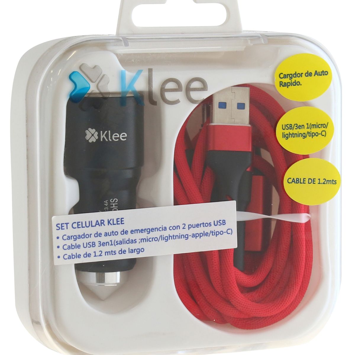 KLEE - Cargador Auto Dual USB  Cable USB Triple Salida