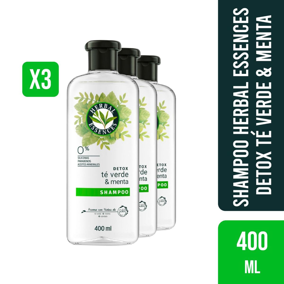HERBAL ESSENCES - 3 Shampoo Herbal Essences Detox Té Verde & Menta 400ml