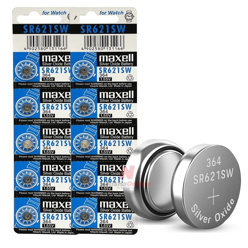 MAXELL - Pack 10 Pilas Maxell SR621SW 364 1.55V Tipo Botón Japonesa