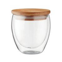 Vasos Vidrio Doble Pared 250 mL con tapa de bambú