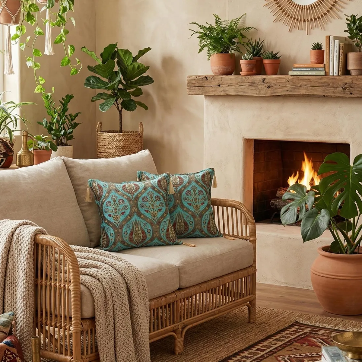 TURKUAZ - Cojín turco 44x44 Tulipanes Turquesa - boho