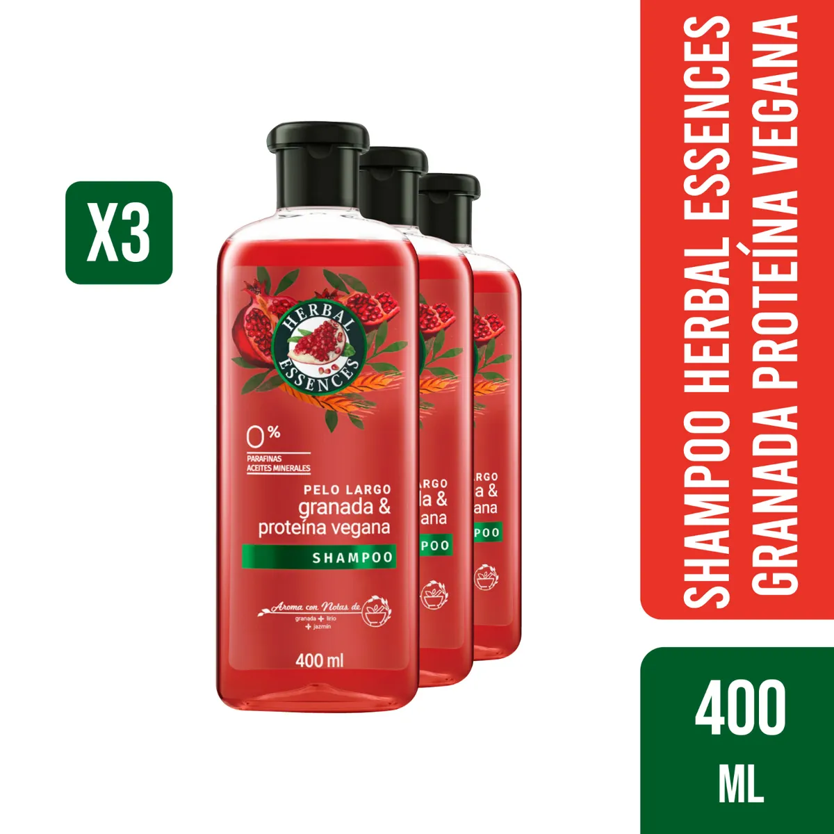 HERBAL ESSENCES - 3 Shampoo Herbal Essences Granada Proteína Vegana 400ml