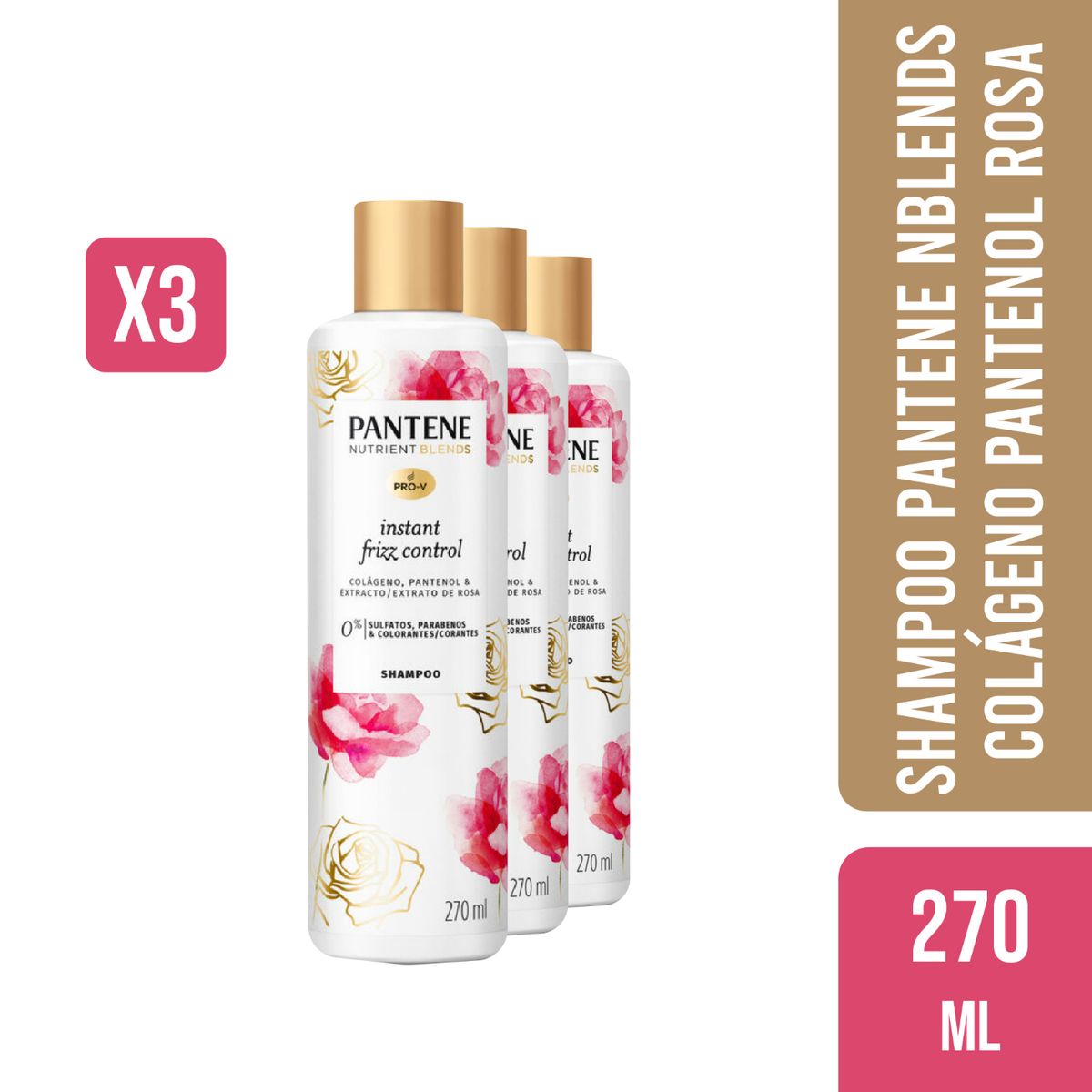 PANTENE - 3 Shampoo Pantene NBlends Colageno Pantenol Rosa 270ml