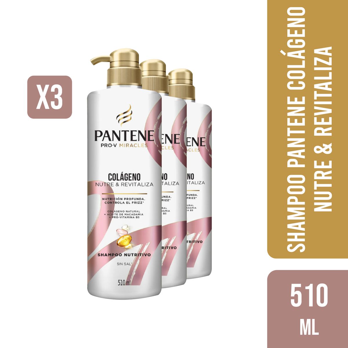 PANTENE - 3 Shampoo Pantene Colageno Nutre & Revitaliza 510ml