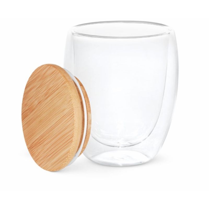 GENERICO - Vasos Vidrio Doble Pared 350 mL con tapa de bambú