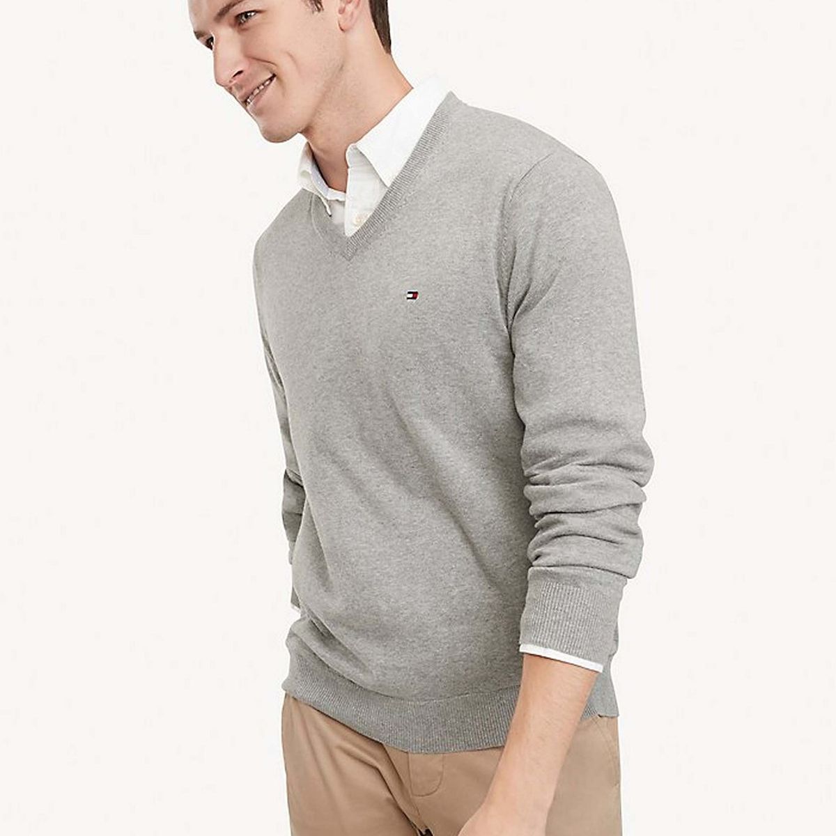 TOMMY HILFIGER - Sweater Básico Signature V-Neck Gris Tommy Hilfiger