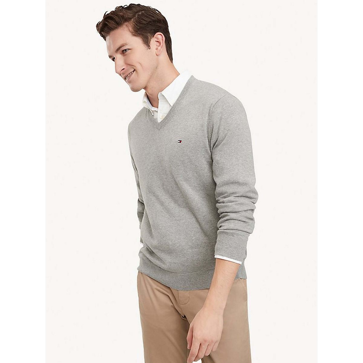 TOMMY HILFIGER - Sweater Básico Signature V-Neck Gris Tommy Hilfiger