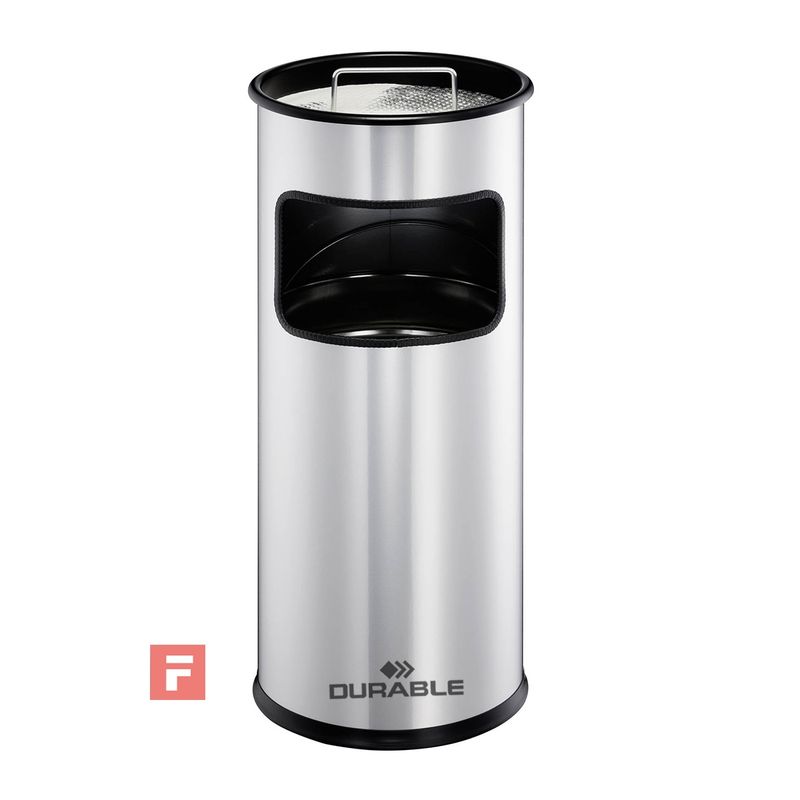 DURABLE - Basurero Redondo Metálico Con Cenicero Durable- Plata
