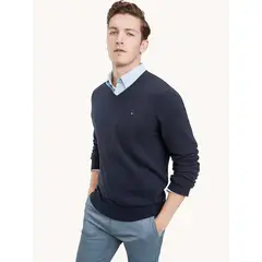 TOMMY HILFIGER - Sweater Básico Signature V-Neck Azul