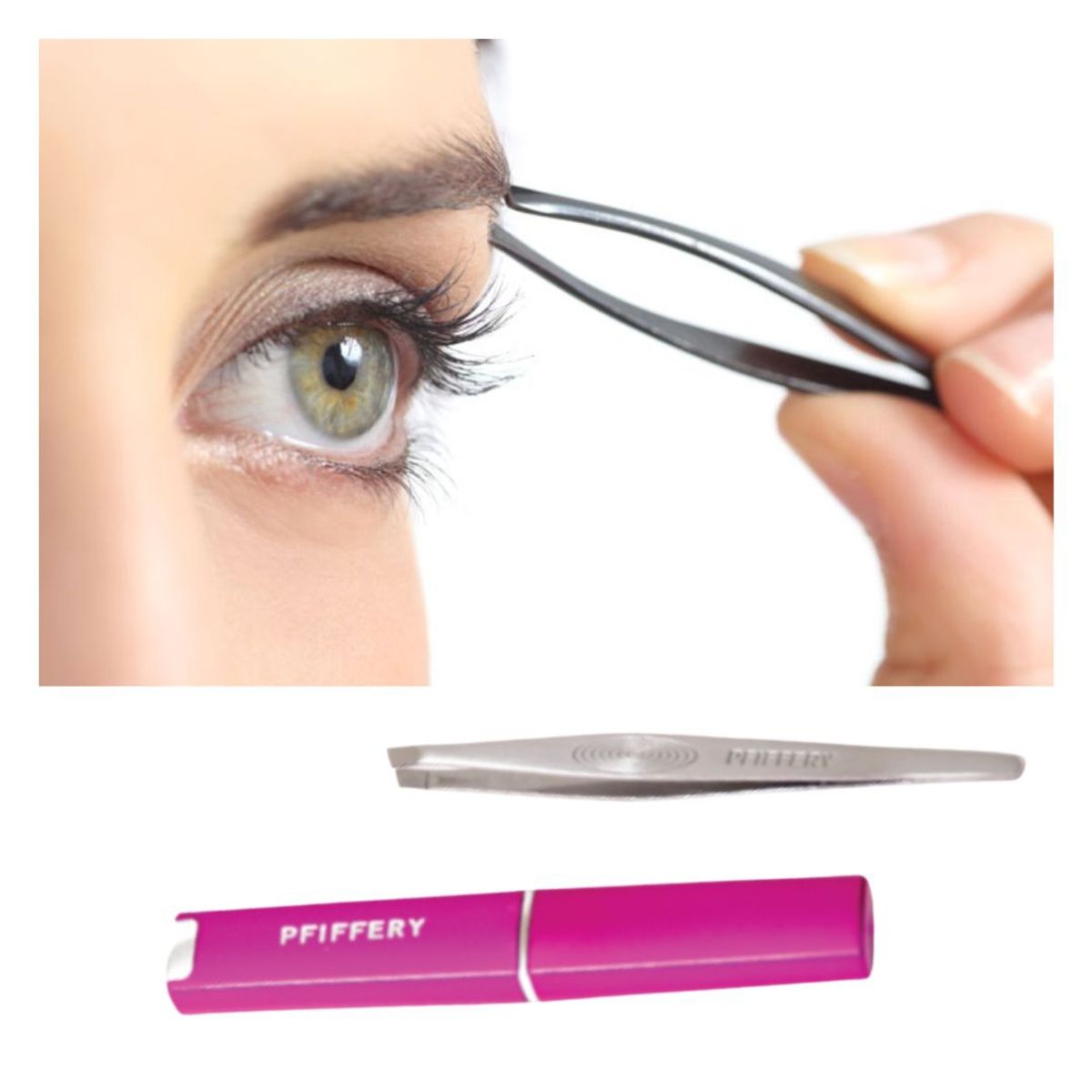 PFIFFERY - Pinza para cejas de punta oblicua con estuche conservador
