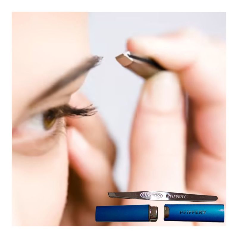 PFIFFERY - Pinza para cejas de punta oblicua con estuche conservador