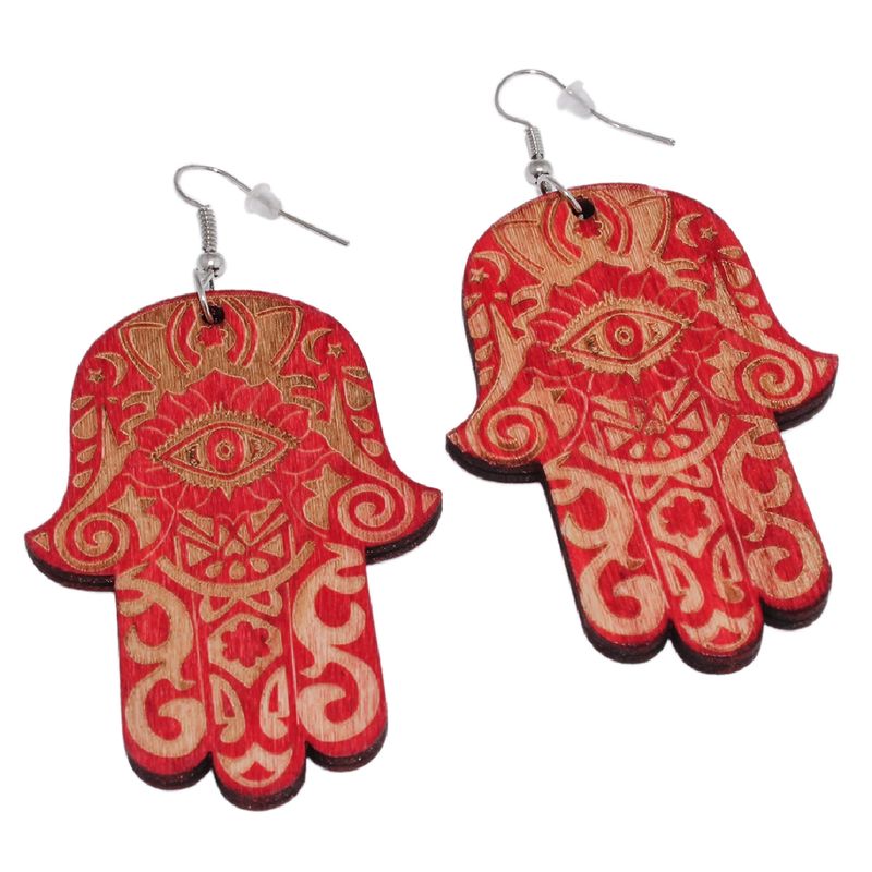 DDETALLES - Aros Mujer Largos Mano Hamsa Jamsa Madera Rojo