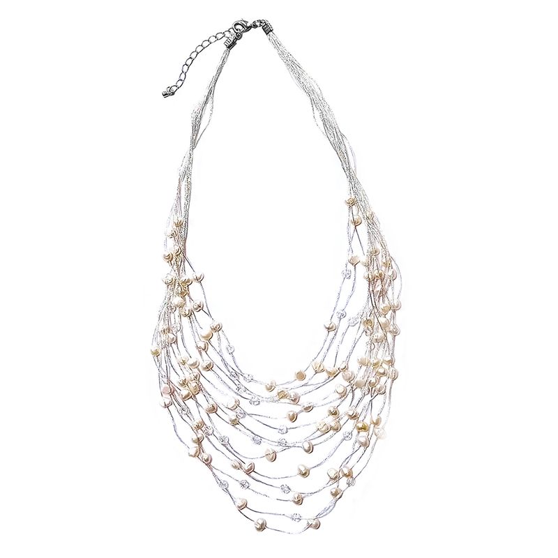 ANDREA COGGIOLA JOYAS - Collar Perlas De Río Blancas Cristales Cordones Seda