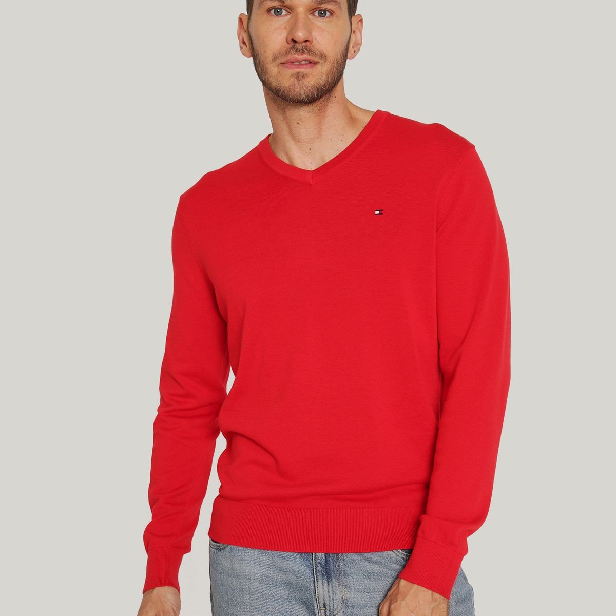 TOMMY HILFIGER - Sweater Básico Signature V-Neck Rojo Tommy Hilfiger